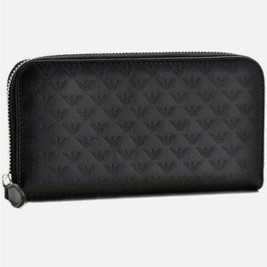 EUC EMPORIO ARMANI Men's Long Wallet Zip Around Calf Leather Eagle Mark Black